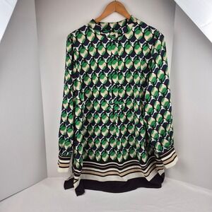 Anne Klein Geo Printed Poet Blouse Women's‎ 1X Green Tan Covered Placket Top NWT